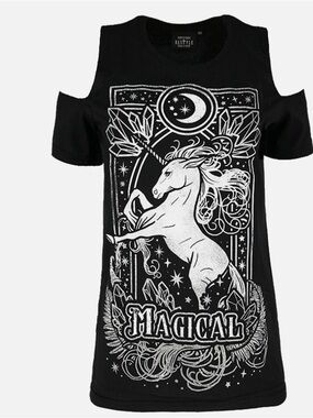 Restyle Black Magical Unicorn Cold-Shoulder Women’s Top